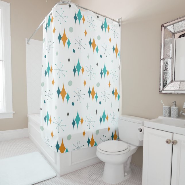 Mid-Century Starburst Pattern White Shower Curtain (In Situ)