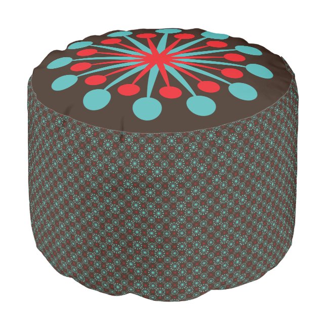 Mid Century Starburst Red and Turquoise Pouf (Angled Front)