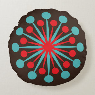 Mid Century Starburst Red and Turquoise Round Pillow