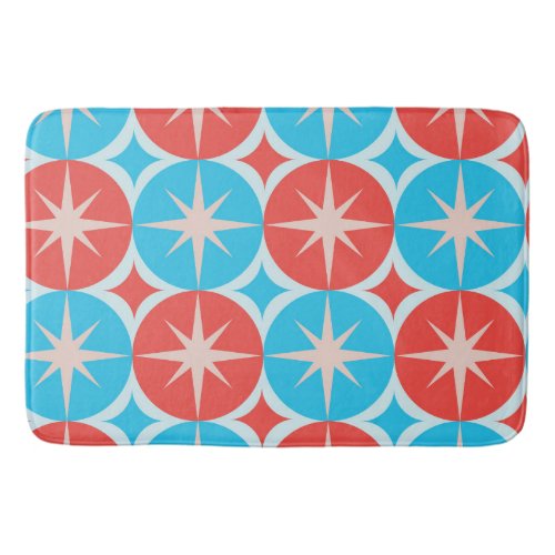 Mid Century Starbursts on Blue and Red Circles Bath Mat