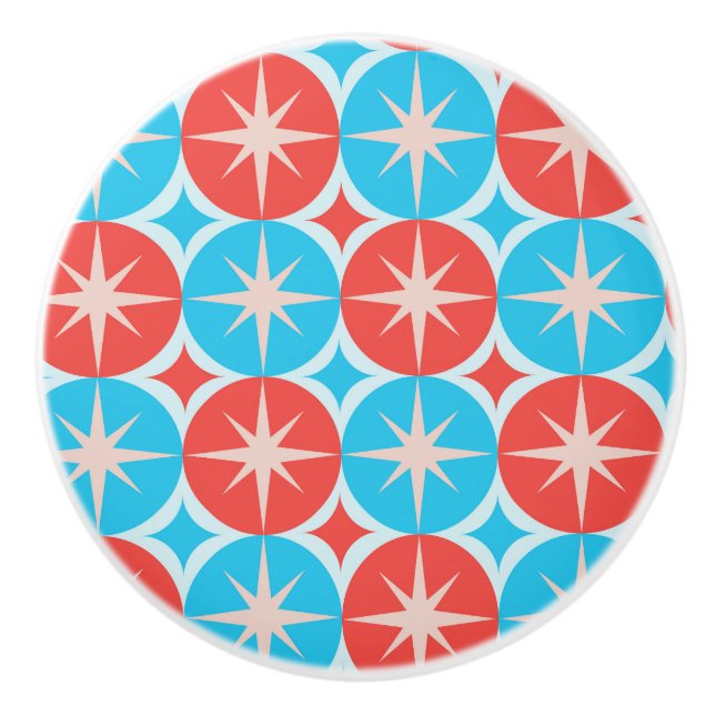 Mid Century Starbursts on Blue and Red Circles Ceramic Knob (Front)