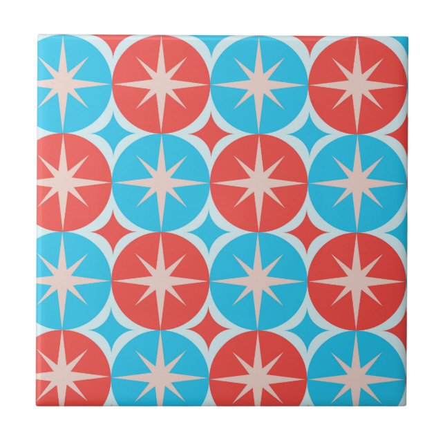 Mid Century Starbursts on Blue and Red Circles Ceramic Tile (Front)