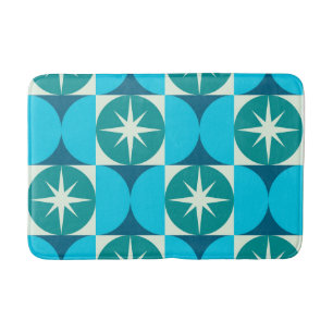 Mid Century Starbursts on Blue Teal Circles Bath Mat