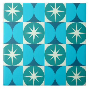 Mid Century Starbursts on Blue Teal Circles Ceramic Tile