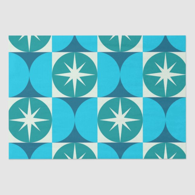 Mid Century Starbursts on Blue Teal Circles Tissue Paper (Front)