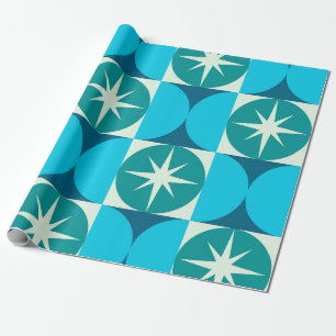 Mid Century Starbursts on Blue Teal Circles Wrapping Paper