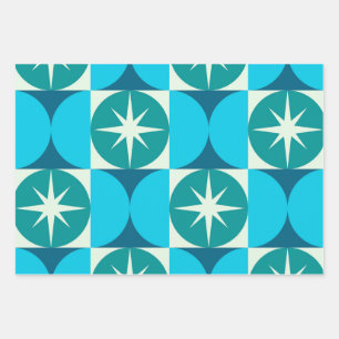 Mid Century Starbursts on Blue Teal Circles Wrapping Paper Sheets
