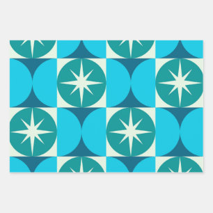 Mid Century Starbursts on Blue Teal Circles Wrapping Paper Sheets