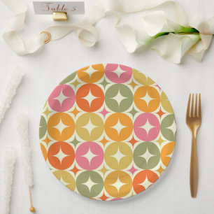 Mid Century Starbursts on Colorful Circles Pattern Paper Plates