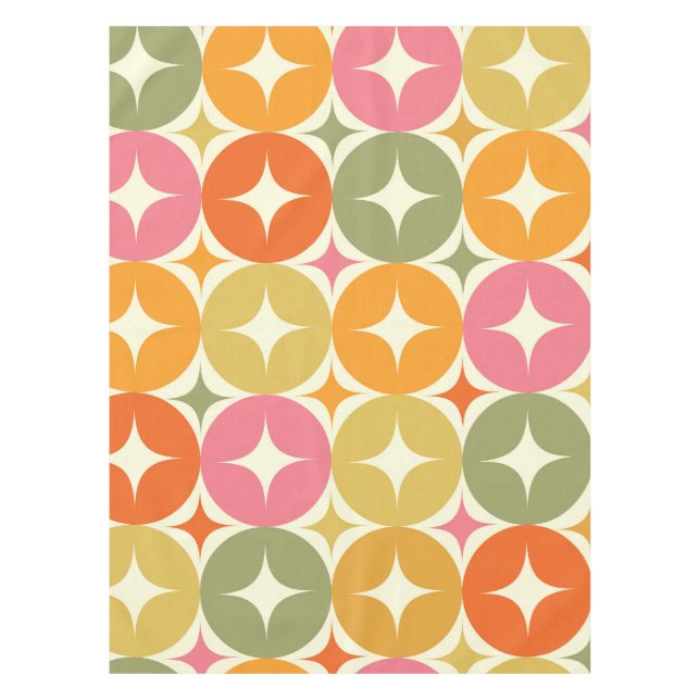 Mid Century Starbursts on Colorful Circles Pattern Tablecloth (Front)