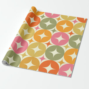 Mid Century Starbursts on Colorful Circles Pattern Wrapping Paper