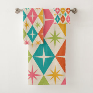 Mid Century Starbursts on Colorful Retro Diamonds  Bath Towel Set
