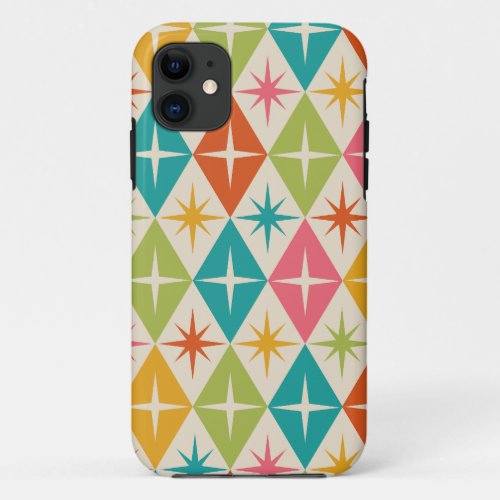 Mid Century Starbursts on Colorful Retro Diamonds  iPhone 11 Case