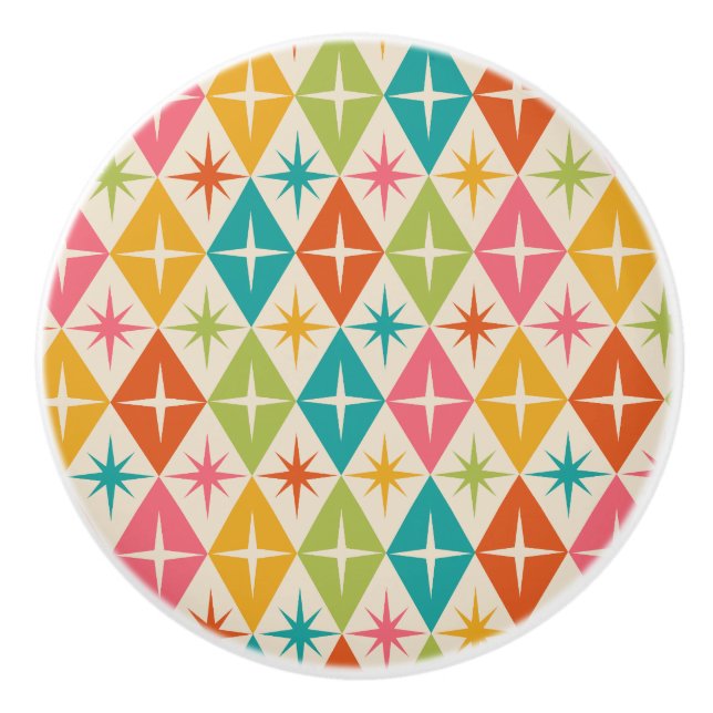Mid Century Starbursts on Colorful Retro Diamonds  Ceramic Knob (Front)
