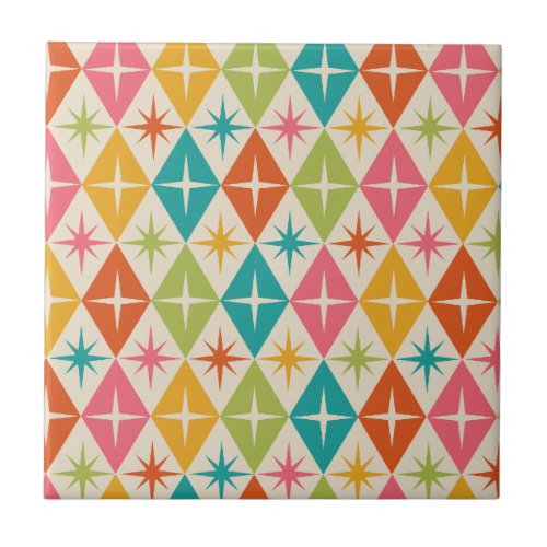 Mid Century Starbursts on Colorful Retro Diamonds Ceramic Tile