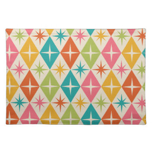 Mid Century Starbursts on Colorful Retro Diamonds Cloth Placemat