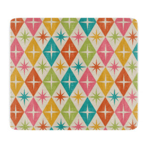 Mid Century Starbursts on Colorful Retro Diamonds  Cutting Board