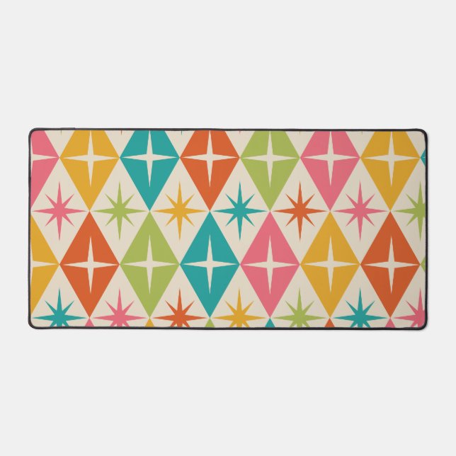 Mid Century Starbursts on Colorful Retro Diamonds  Desk Mat (Front)