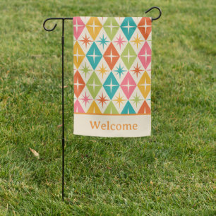 Mid Century Starbursts on Colorful Retro Diamonds Garden Flag