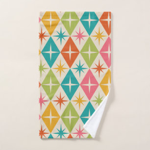 Mid Century Starbursts on Colorful Retro Diamonds Hand Towel