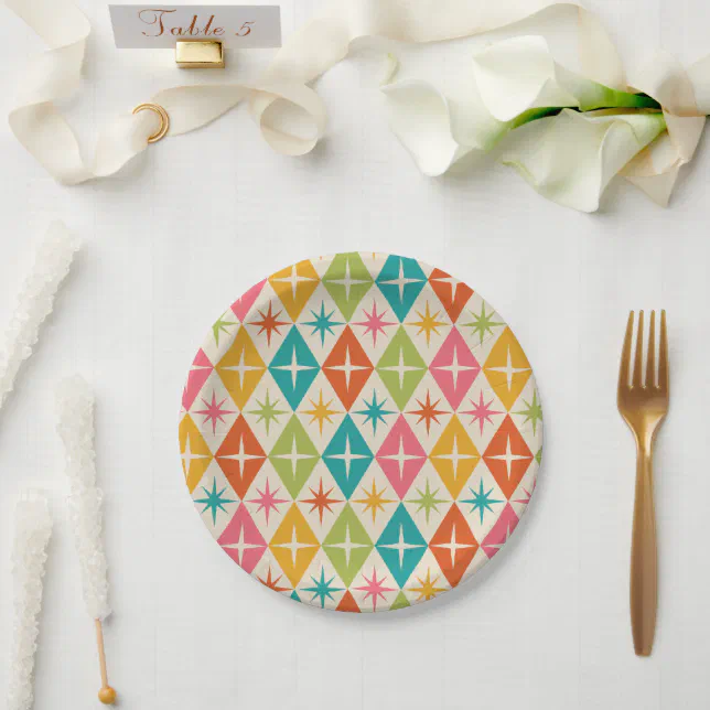Mid Century Starbursts on Colorful Retro Diamonds Paper Plates | Zazzle