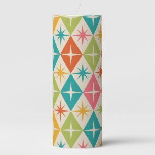 Mid Century Starbursts on Colorful Retro Diamonds Pillar Candle