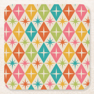 Mid Century Starbursts on Colorful Retro Diamonds Square Paper Coaster