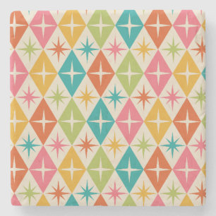 Mid Century Starbursts on Colorful Retro Diamonds Stone Coaster