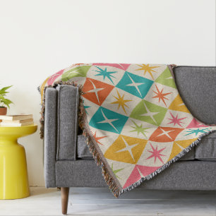 Mid Century Starbursts on Colorful Retro Diamonds Throw Blanket