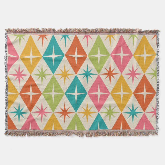 Mid Century Starbursts on Colorful Retro Diamonds  Throw Blanket (Front)