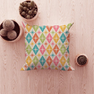 Mid Century Starbursts on Colorful Retro Diamonds Throw Pillow