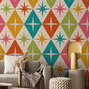 Mid Century Starbursts on Colorful Retro Diamonds Wallpaper