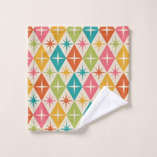 Mid Century Starbursts on Colorful Retro Diamonds Wash Cloth