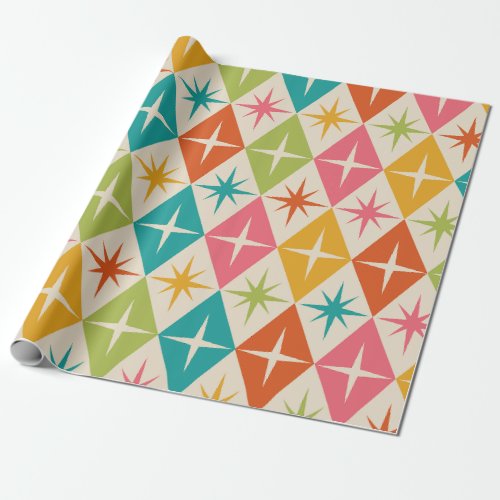 Mid Century Starbursts on Colorful Retro Diamonds  Wrapping Paper