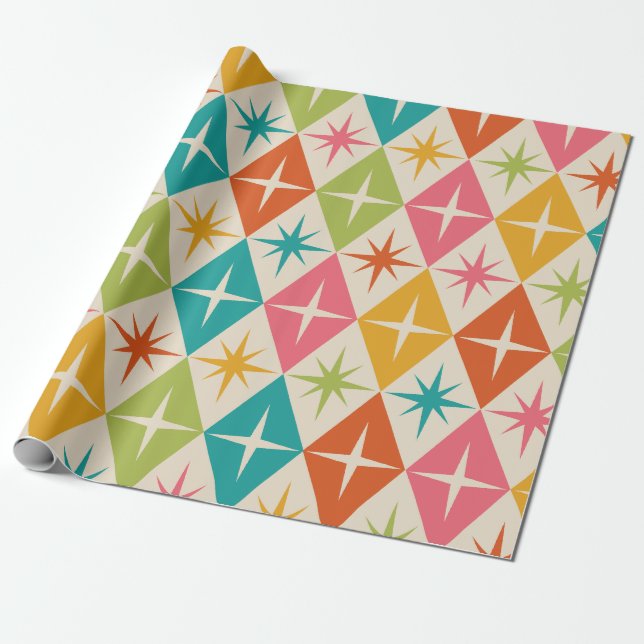 Mid Century Starbursts on Colorful Retro Diamonds  Wrapping Paper (Unrolled)