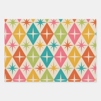 Mid Century Starbursts on Colorful Retro Diamonds Wrapping Paper Sheets