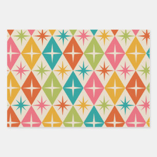 Mid Century Starbursts on Colorful Retro Diamonds Wrapping Paper Sheets
