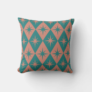 Mid Century Starbursts on coral teal Diamonds Throw Pillow