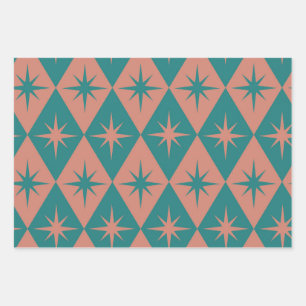 Mid Century Starbursts on coral teal Diamonds  Wrapping Paper Sheets