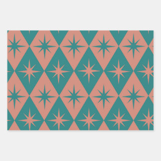 Mid Century Starbursts on coral teal Diamonds  Wrapping Paper Sheets