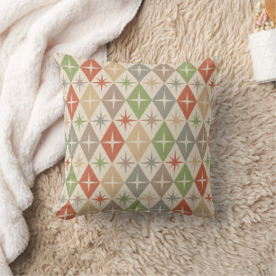 Mid Century Starbursts on Earthy Retro Diamonds Throw Pillow