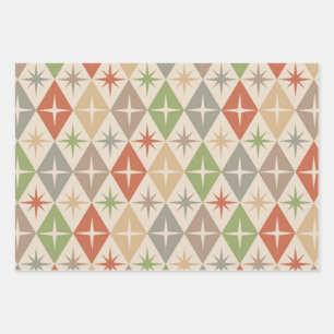 Mid Century Starbursts on Earthy Retro Diamonds Wrapping Paper Sheets