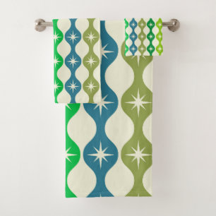 Mid Century Starbursts on Green Blue Ogee Pattern Bath Towel Set