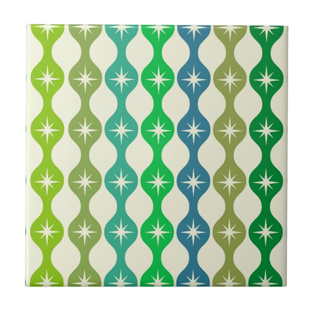 Mid Century Starbursts on Green Blue Ogee Pattern  Ceramic Tile (Front)