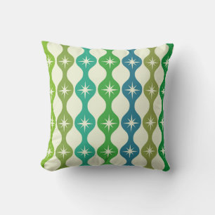 Mid Century Starbursts on Green Blue Ogee Pattern  Throw Pillow