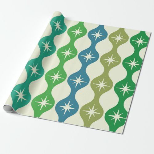 Mid Century Starbursts on Green Blue Ogee Pattern  Wrapping Paper