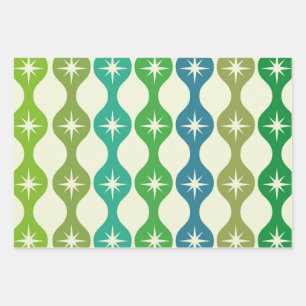 Mid Century Starbursts on Green Blue Ogee Pattern Wrapping Paper Sheets