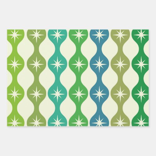 Mid Century Starbursts on Green Blue Ogee Pattern  Wrapping Paper Sheets