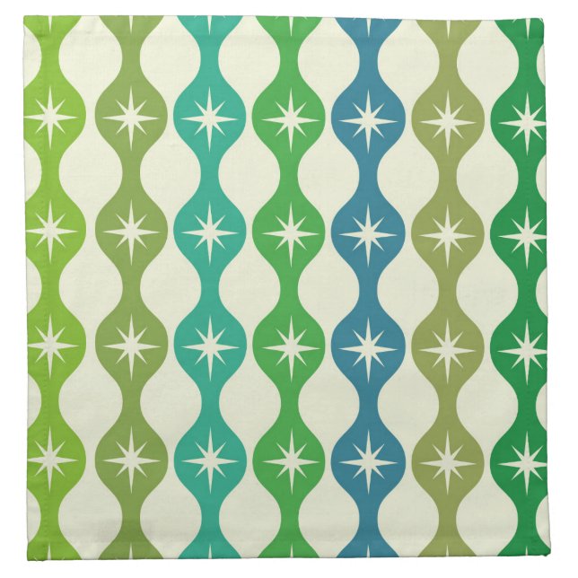 Mid Century Starbursts on Green Blue Teal Ogee  Cloth Napkin (Front)