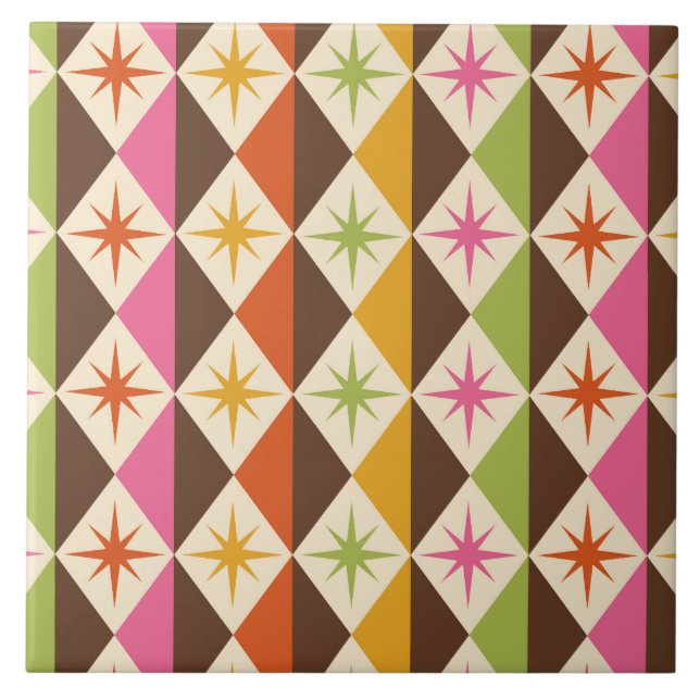 Mid Century Starbursts on Harlequin Diamonds  Ceramic Tile (Front)